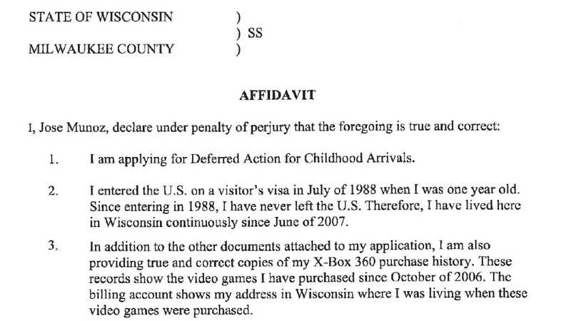 Jose Munoz’s DACA affidavit. Image has been edited to omit personal information.